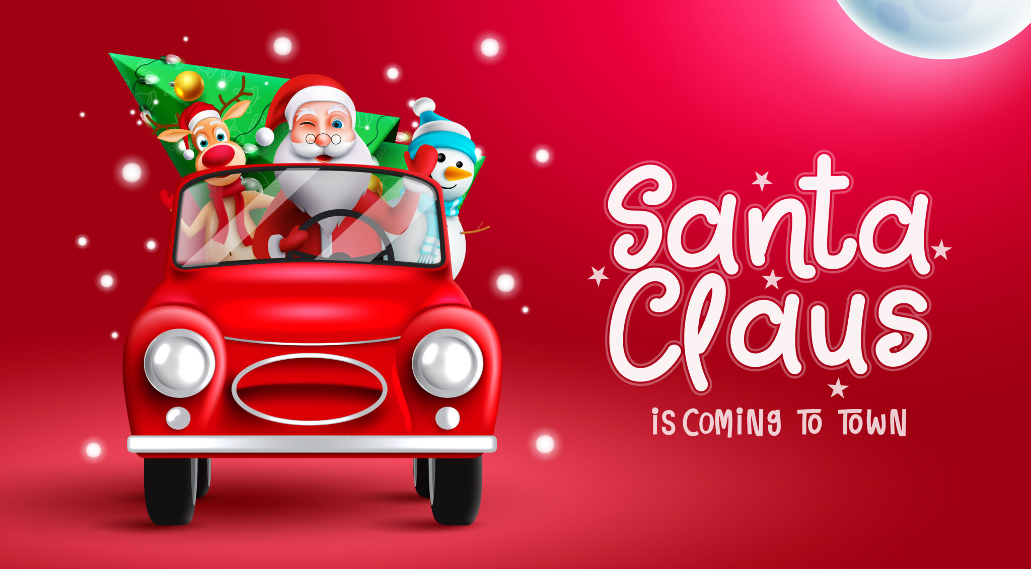 Santa is coming to town text with reindeer and snowman riding in car element for fun and enjoy xmas eve. Vector illustration.